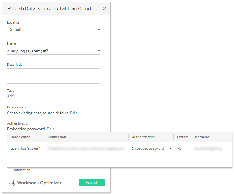 Data source publishing settings - embedding your credentials